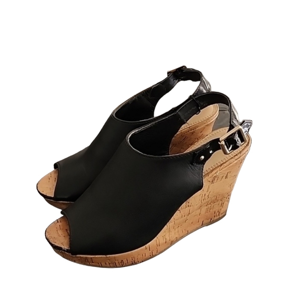 AEO AMERICAN EAGLE Slingback Cork Wedge Sandals 8.5 Pebbled Black Vegan Leather - Picture 13 of 16
